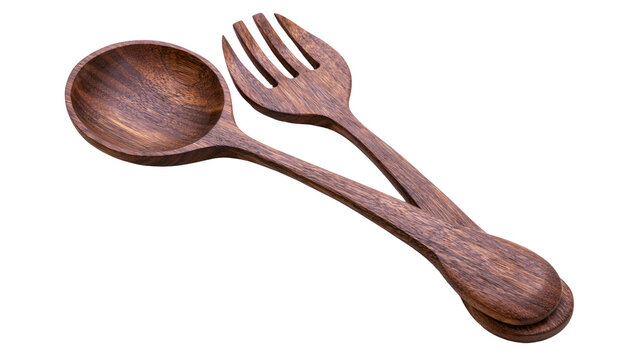 Wooden salad servers a spoon and a fork, isolated on transparent background