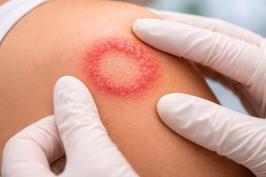 Doctor examining ringworm skin infection on patient's shoulder with gloved hands