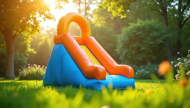 Inflatable water slide in sunny garden grass. Kids play, have fun outdoor. Bright summer day perfect for backyard recreation. Children enjoy bounce house activity.