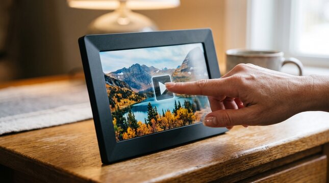 Person touching a digital photo frame displaying a beautiful mountain lake landscape with autumn trees and a play button overlay