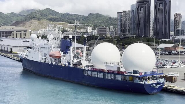 22 October 2024, USA, Hawaii, Oahu, Honolulu, Pier 1 - Industrial Port Landscape Pacific Collector, Naval Auxiliary Vessel moored IMO 7738474