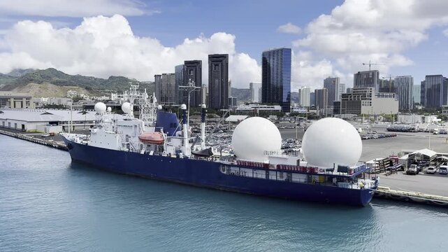 22 October 2024, USA, Hawaii, Oahu, Honolulu, Pier 1 - Industrial Port Landscape Pacific Collector, Naval Auxiliary Vessel moored IMO 7738474