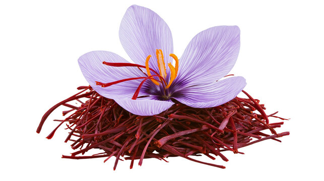 Delicate purple saffron crocus flower with red stigmas on dried saffron threads, isolated on transparent background