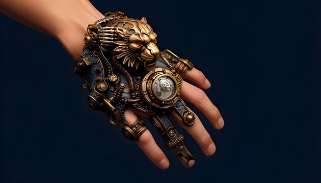 Intricate steampunk mechanical glove worn on a hand, featuring a detailed golden lion head ornament, complex gears, brass pistons, and an integrated glass watch face.