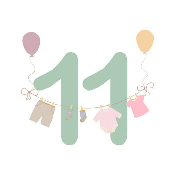 11 months old baby clothing vector illustration. Cute milestone design with number eleven, newborn clothes, and birthday elements for baby shower or scrapbook