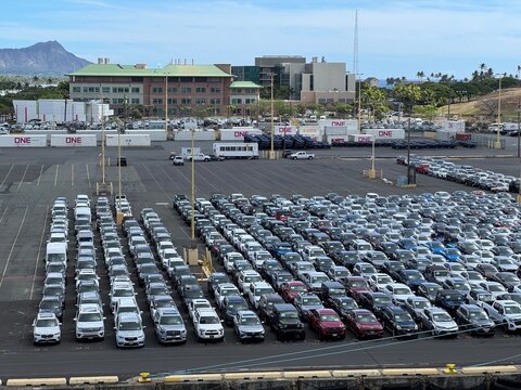 22 October 2024, USA, Hawaii, Oahu, Honolulu, Pier 1, Vehicle Processing Center VPC - logistics company cars parked at port