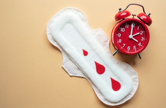 Sanitary pad with red drops and red alarm clock on beige surface. Feminine hygiene product marks time for menstrual cycle. Period care reminder.