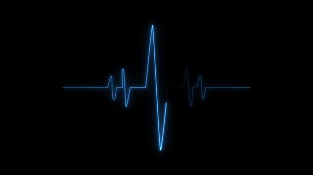 EKG heartbeat line glowing animation, Animated blue heartbeat pulse moving across a black background. health and fitness concept animation.