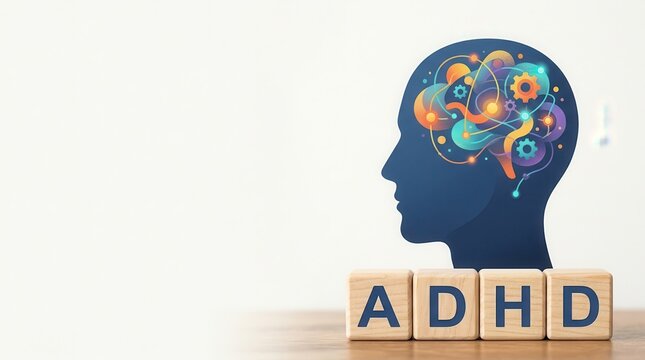 ADHD concept with human head silhouette and brain illustration
