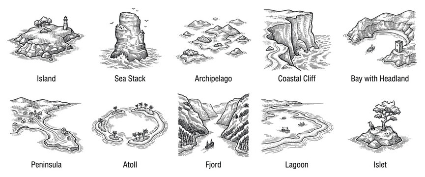 Geographical landform icons set. Coastal and island landscapes concept. Includes island, sea stack, archipelago, coastal cliff, bay, peninsula, atoll, fjord, lagoon, islet. Hand-drawn doodle