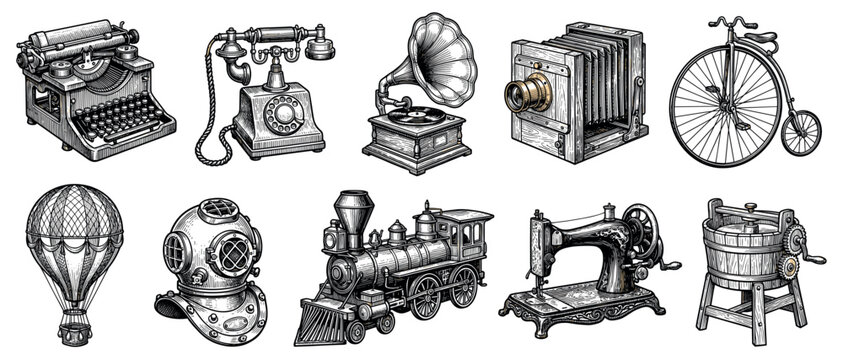 Vintage inventions icons set. Old-fashioned technology and historical objects concept. Includes typewriter, telephone, gramophone, camera, penny-farthing, hot air balloon, diving helmet,