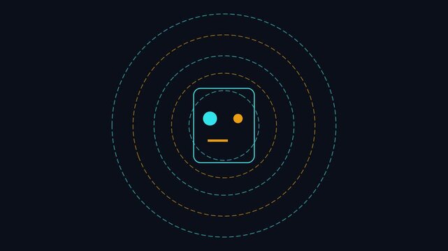 Minimalist robot face animation with pulsing concentric circles on dark 4k background, technology