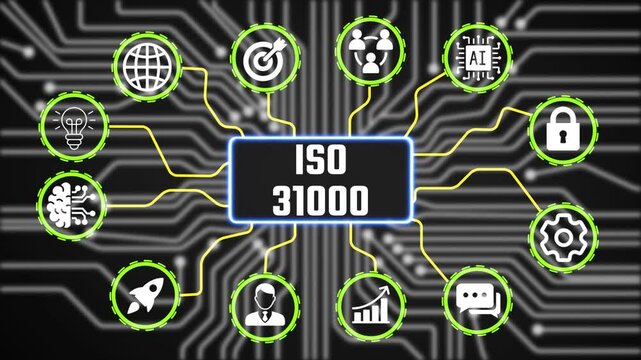 iso 31000 Planning Technology Concept with Digital Business Icons Animation and Performance Tracking Interface HD Video animation
