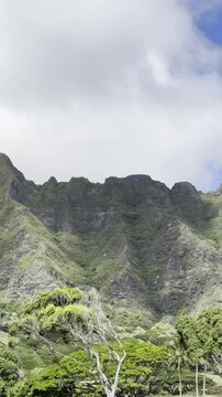 25 October 2024, USA, Hawaii, Oahu, Kaneohe, Kamehameha Highway, Kualoa Regional Park overlooking Pu&lsquo;ukānehoalani and Koolau Range panorama view