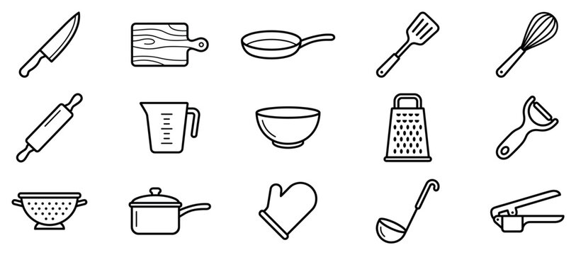 Kitchen utensil icons set. Cooking and food preparation concept. Includes knife, cutting board, frying pan, spatula, whisk, rolling pin, measuring cup, bowl, grater, peeler, colander,