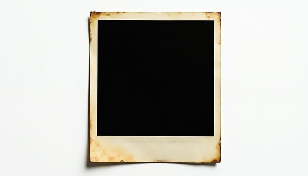 Old photo frame with burnt edges sits on white background. Blank black image area invites custom content. Vintage feel, retro aesthetic for your memories.