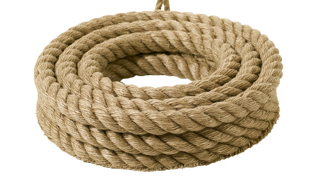 Thick natural fiber rope coiled in a circle, isolated on transparent background
