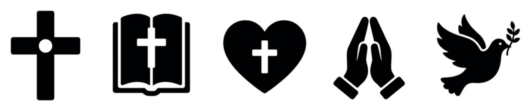 Christian religion icons set. Faith and spirituality concept. Includes cross, bible, heart with cross, praying hands, dove with olive branch. Solid black silhouette style