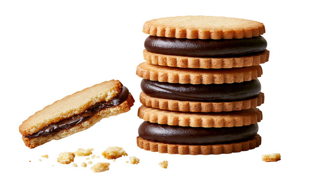 Stack of round chocolate cream filled sandwich cookies, isolated on transparent background