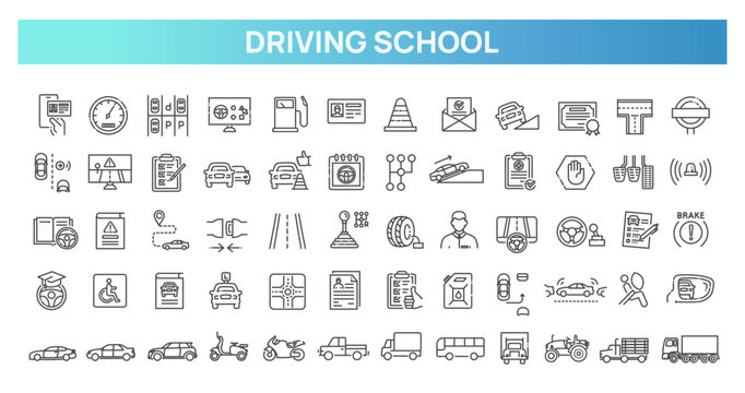 Driving school icons. Vector flat symbols