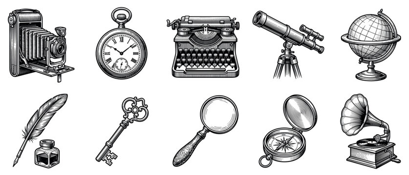 Vintage objects icons set. Retro exploration and communication concept. Includes camera, pocket watch, typewriter, telescope, globe, quill, key, magnifying glass, compass, gramophone
