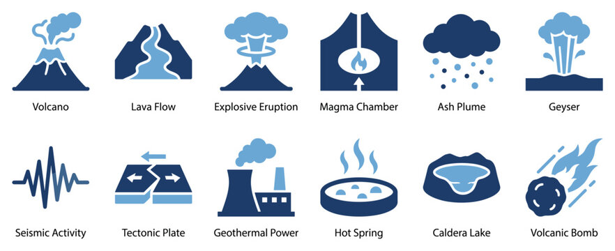 Volcanic activity icons set. Geology and natural phenomena concept. Includes volcano, lava flow, explosive eruption, magma chamber, ash plume, geyser, seismic activity, tectonic plate,