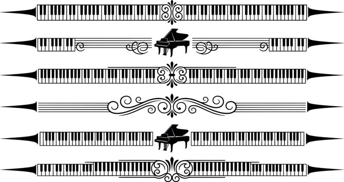 Collection of piano keyboard dividers and grand piano decorative elements transparent background
