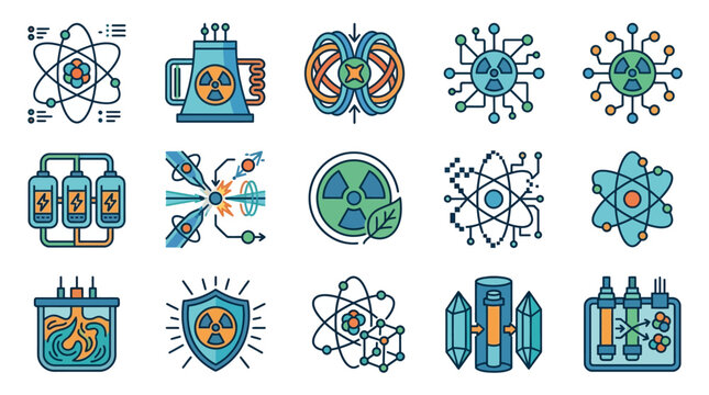 Science icons depict various laboratory equipment and atomic structures