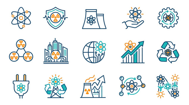 Science icons depict various concepts like atoms and recycling on a white background
