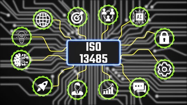 iso 13485 Planning Technology Concept with Digital Business Icons Animation and Performance Tracking Interface HD Video animation