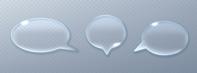 Obraz premium Realistic glass speech balloons with glow transparent liquid material. Elegant 3D chat icon collection for messaging and social networking concepts.