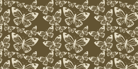 Fototapeta premium Vintage Seamless Pattern with Elegant Beige Butterflies on Brown Background