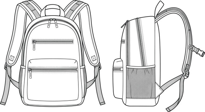 Backpack tech pack fashion vector sketch template showing front and side view outline technical drawings