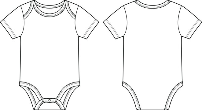 Blank baby bodysuit vector sketch fashion technical drawing front and back view outline template