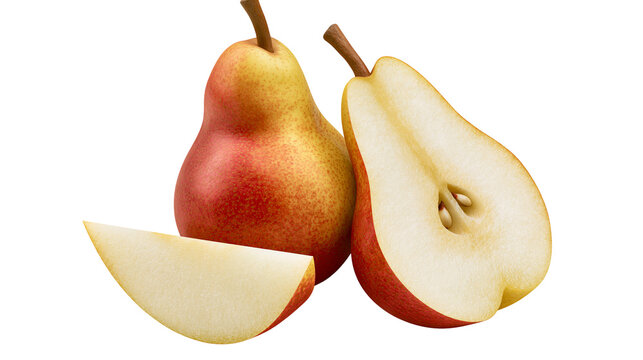 Red and yellow pears one whole one halved and a slice, isolated on transparent background