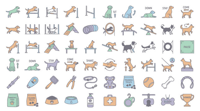 Pet training and veterinary care icons with behavior and obedience symbols.