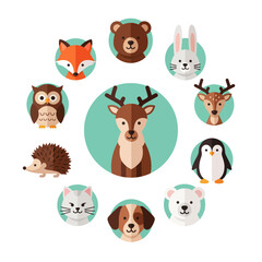 Naklejka premium Cute Woodland Animals Circle Collection: Fox, Bear, Rabbit, Deer, Owl, Penguin, Cat, Dog, Polar Bear