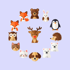 Naklejka premium Cute Woodland Animals Circle Collection Flat Design