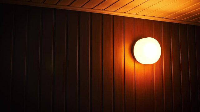 Warm orange light from a round wall lamp illuminates a dark wooden surface. The vertical paneling and ceiling texture create a moody and atmospheric interior setting.