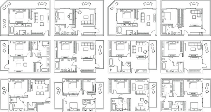 Set of modern apartment floor plans architectural blueprint illustrations for real estate house layout options