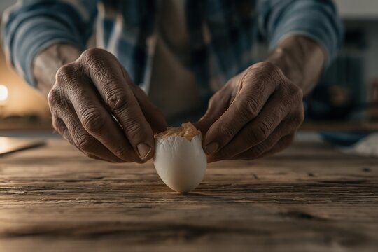 Hands peeling an eggshell over a rustic wooden surface.