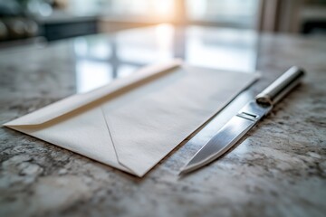 Fototapeta premium Knife and Envelope on Marble Surface