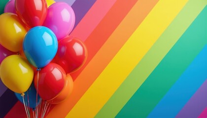 Fototapeta premium Brightly colored balloons float against vibrant rainbow background. Festive illustration perfect for party invitations, banners, celebratory designs, evoking joy, happiness for special occasion.