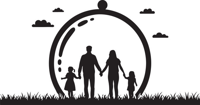 Silhouette of a happy family standing together holding hands inside a protective bubble or dome, representing family safety, security, love, and protection, vector illustration