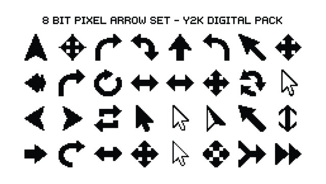 8bit pixel arrow set collection in black and white for digital design  various arrow icons and cursors for graphic design and user interface