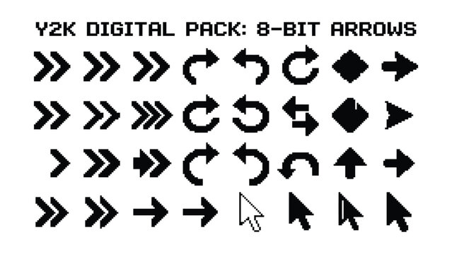 Collection of various black 8bit pixelated arrow icons on white background  arrows  8bit  pixel art  digital graphics