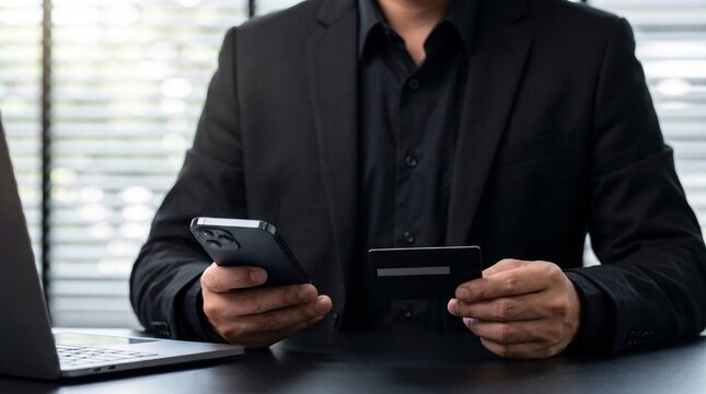 online banking and digital finance management. professional using smartphone and credit card for internet shopping, electronic payment technology, fast mobile transaction and corporate purchase