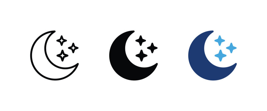 Sleep icon, Night crescent moon stars symbol, Bedtime rest dream tracker graphics, Insomnia relaxation healthcare elements, Vector illustration