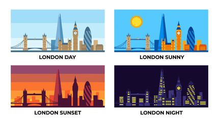 Obraz premium Colorful London Skyline Day, Sunny, Sunset and Night Vector Illustration Collection with Flat Modern Landmark Cityscape Design