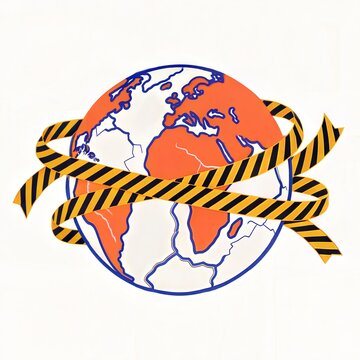 Planet Earth wrapped in caution tape. Global crisis, pandemic, and quarantine concept. World under restriction and lockdown illustration